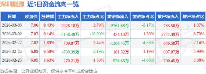 2026年3月3日深圳能源股票行情：收盘、资金流向全解析