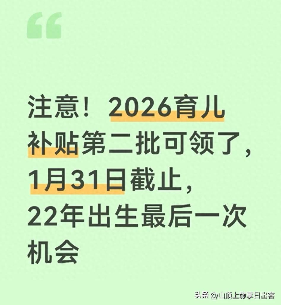 2026年第二批托儿补贴现已发放。 1月31日结束。对于2022年出生的人来说，这是最后的机会。